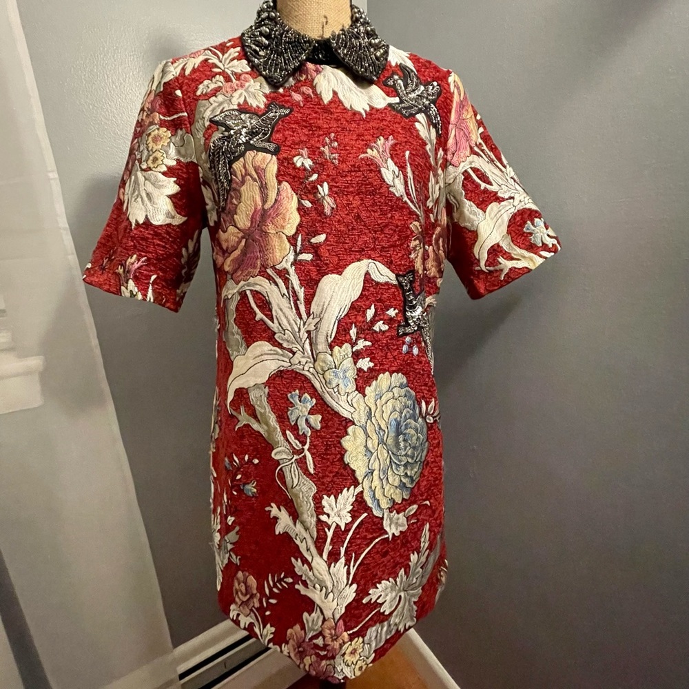 Zara brocade mini dress with embellished collar